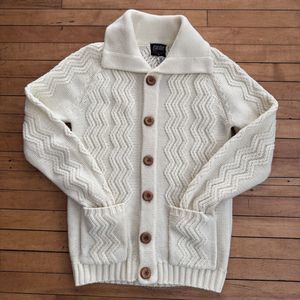 Vintage 1970s Cobb Hill White Cream Cable Knit Cardigan Sweater Front Pockets
